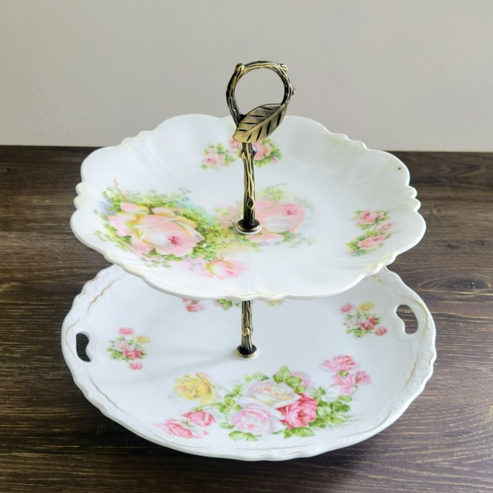 Vintage Mismatched Shabby Chic 2-Tiered Dessert Stand Hand-Painted Floral